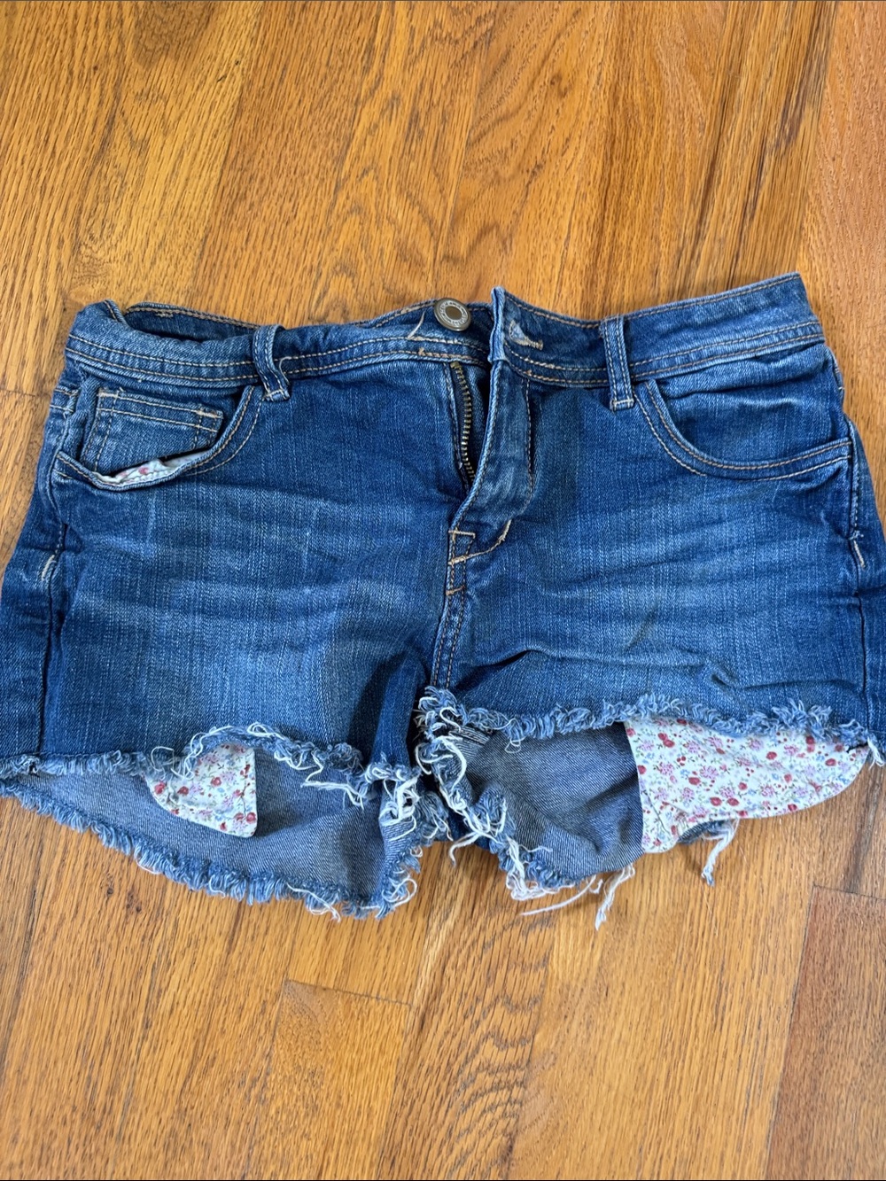 Frayed Hem Dark Blue Denim Jean Shorts with Floral Lining